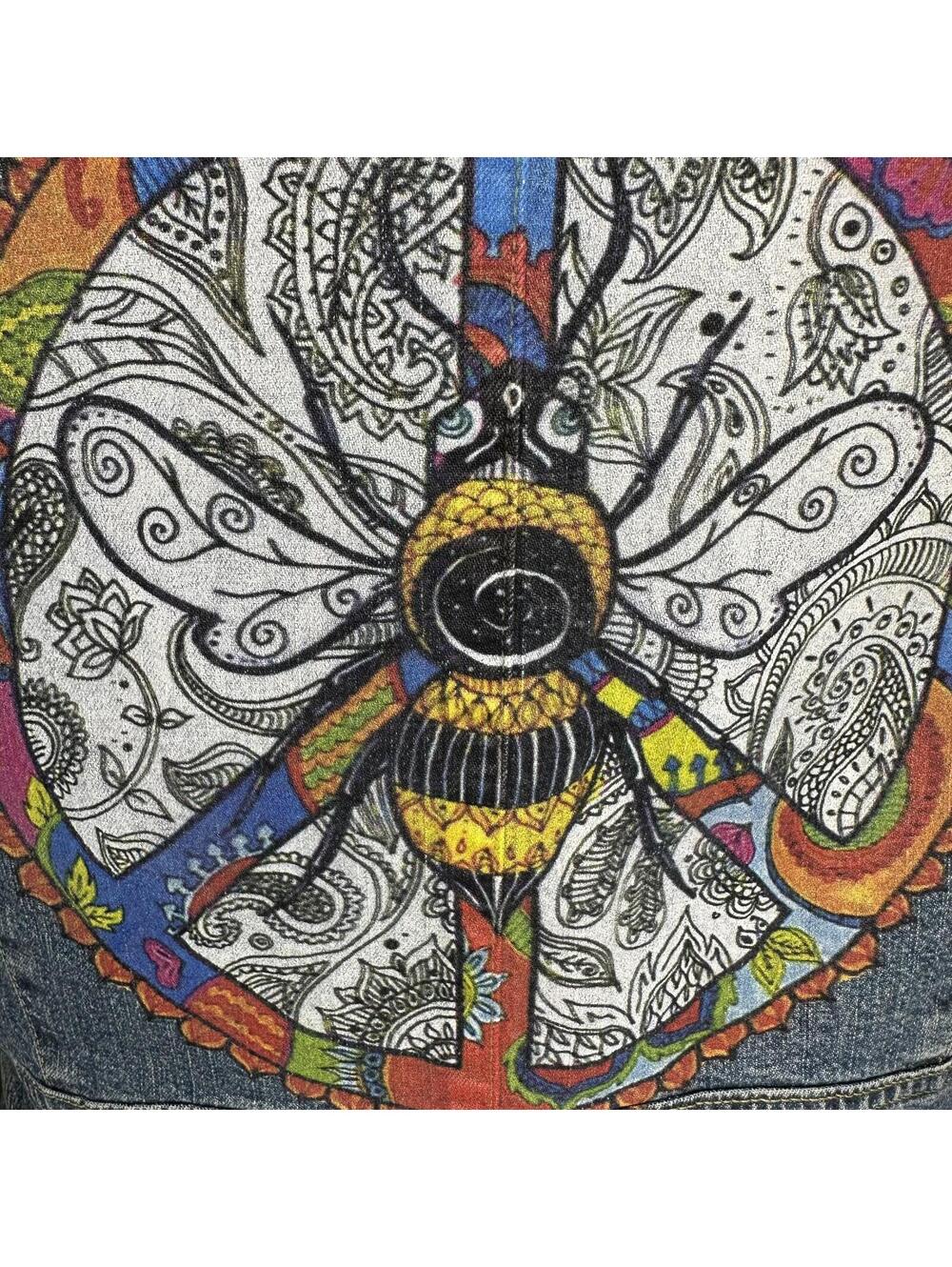 Axcess Vintage Y2K Denim Jacket Hand Painted Peace Sign Bee Boho Hippie - Picture 4 of 9